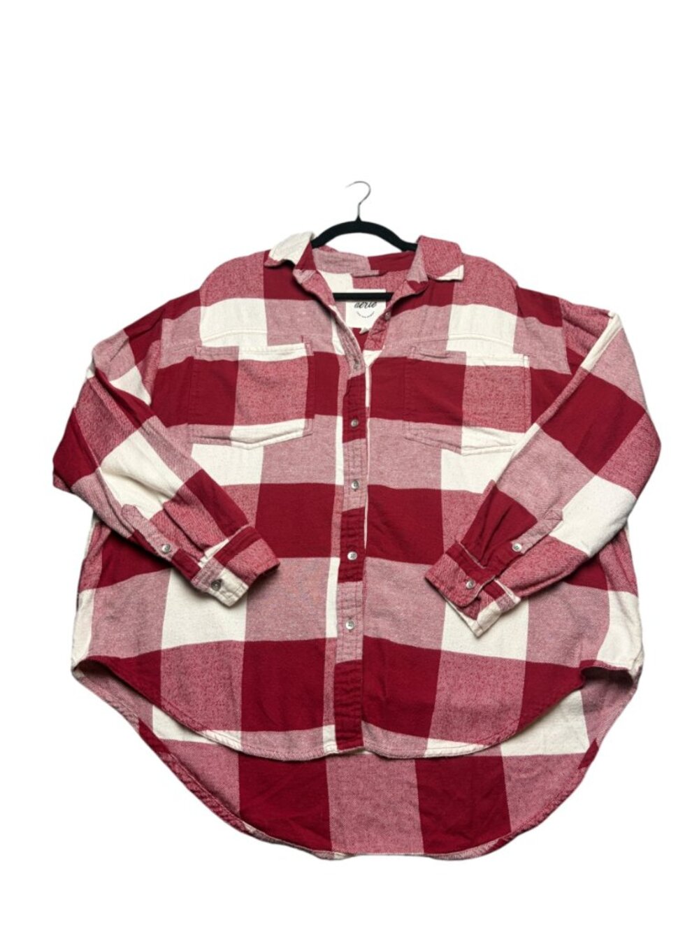 Aerie Size S Flannel Oversized Plaid Red Whtie Soft Button Front Cotton Winter - Picture 8 of 8
